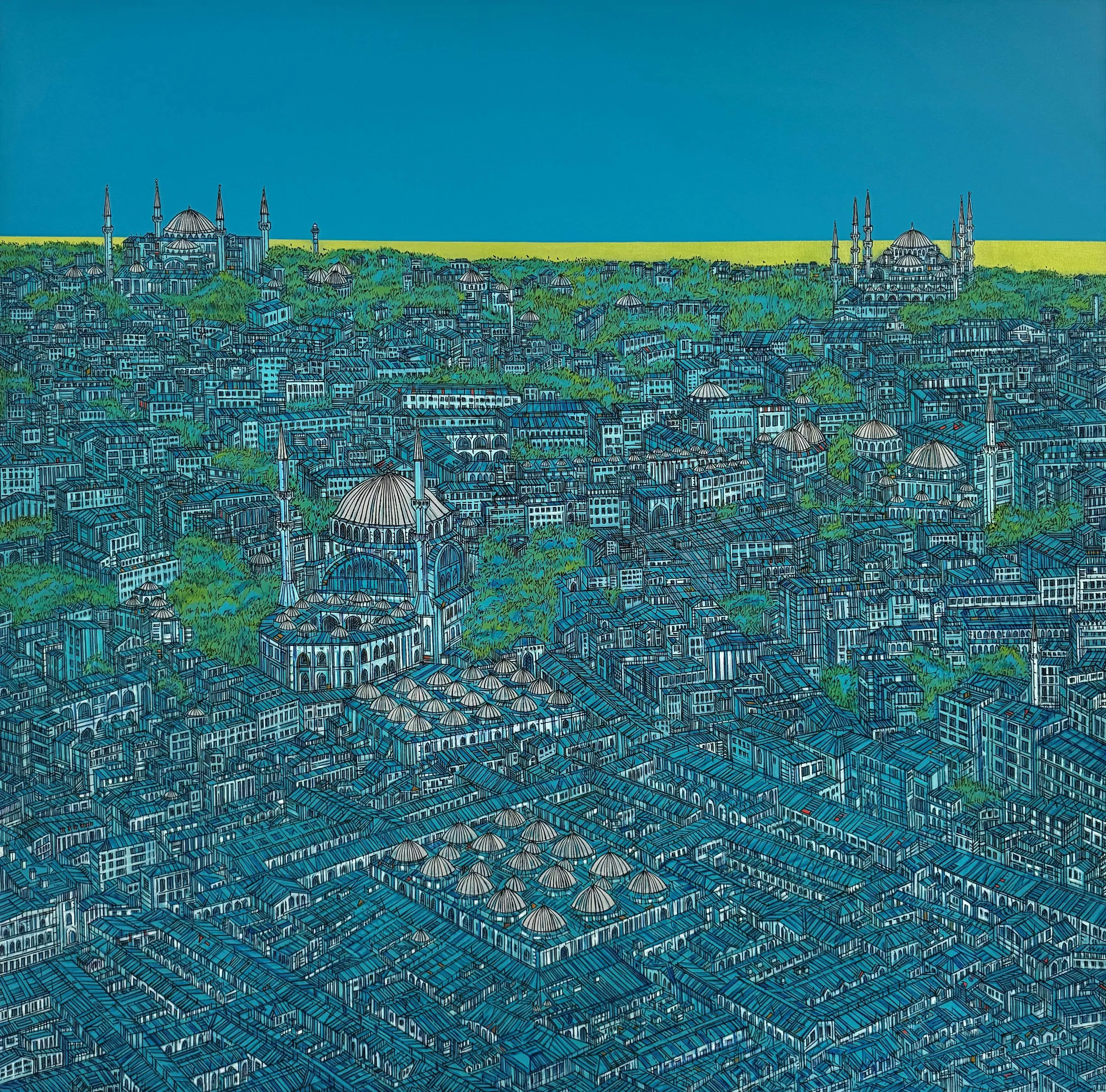"İstanbul Turkuaz" eseri DEVRİM ERBİL tarafından 2023 yılında 150x150 cm ölçülerinde Tuval üzeri yağlı boya tekniği ile yapılmıştır.