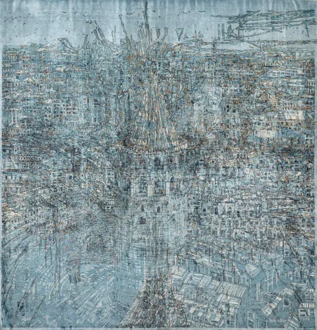 "Galata Şiirsel Soyutlama" eseri DEVRİM ERBİL tarafından 2015 yılında 173x163 cm ölçülerinde İpek Halı tekniği ile yapılmıştır.