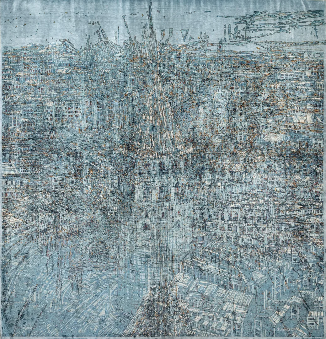 yakınlaştır "Galata Şiirsel Soyutlama" eseri DEVRİM ERBİL tarafından 2015 yılında 173x163 cm ölçülerinde İpek Halı tekniği ile yapılmıştır.