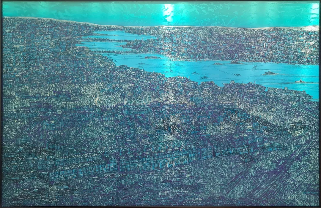 "İstanbul" eseri DEVRİM ERBİL tarafından 2023 yılında 100x150 cm ölçülerinde Alüminyum üzeri Giclee baskı 1/1 Monoprint tekniği ile yapılmıştır.