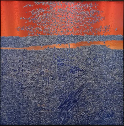 "İstanbul" eseri DEVRİM ERBİL tarafından 2023 yılında 105x105 cm ölçülerinde Alüminyum üzeri Giclee baskı 1/1 Monoprint tekniği ile yapılmıştır.