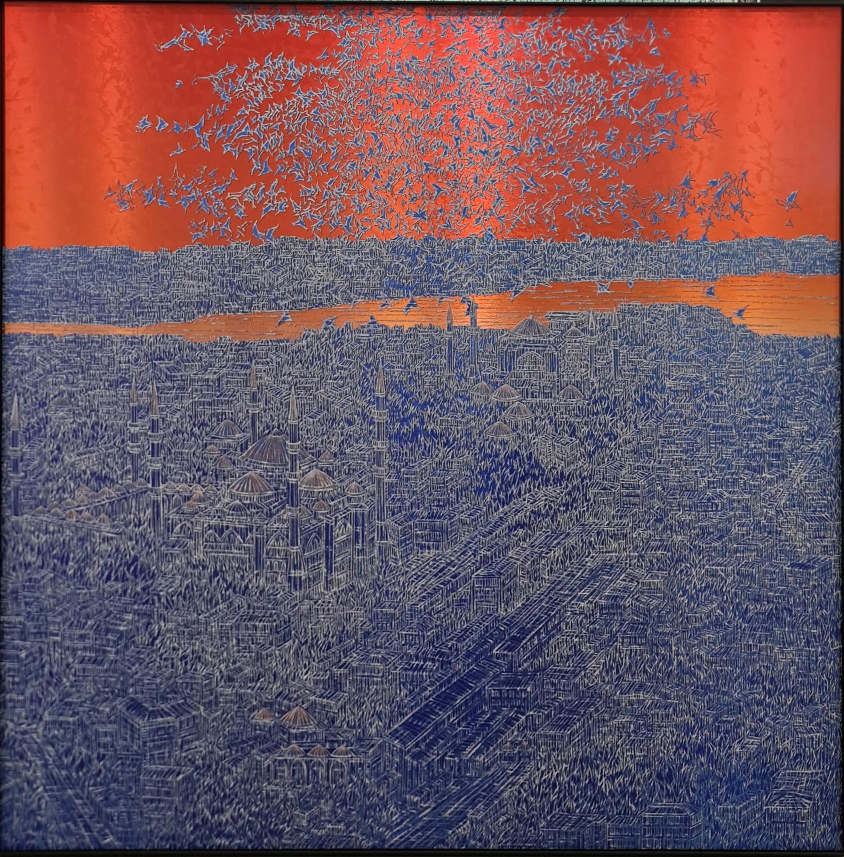 "İstanbul" eseri DEVRİM ERBİL tarafından 2023 yılında 105x105 cm ölçülerinde Alüminyum üzeri Giclee baskı 1/1 Monoprint tekniği ile yapılmıştır.