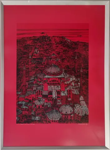 "İstanbul Ayasofya" eseri DEVRİM ERBİL tarafından 2018 yılında 100x70 cm ölçülerinde Serigrafi 1/25 tekniği ile yapılmıştır.