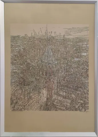 "Galata Şiirsel soyutlama" eseri DEVRİM ERBİL tarafından 2019 yılında 100x70 cm ölçülerinde Serigrafi 1/25 tekniği ile yapılmıştır.