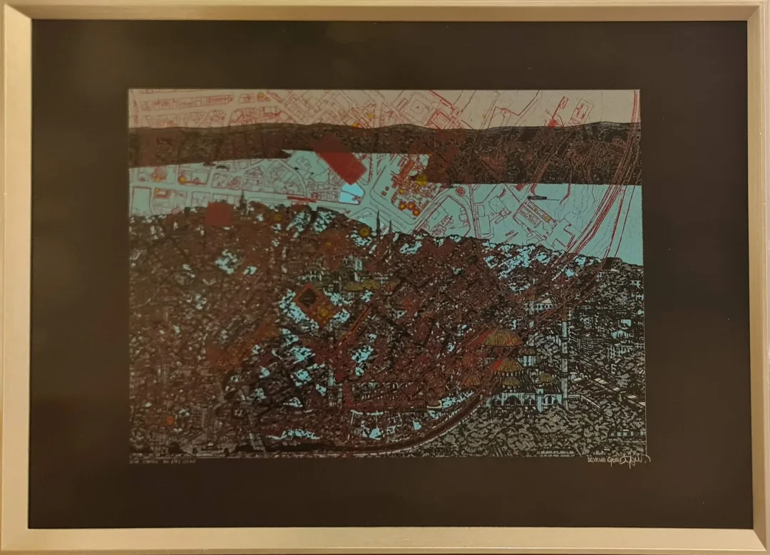 yakınlaştır "İstanbul ikili bakış" eseri DEVRİM ERBİL tarafından 2011 yılında 70x100 cm ölçülerinde Serigrafi 16/205 tekniği ile yapılmıştır.