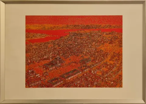 "İstanbul'u izlemek" eseri DEVRİM ERBİL tarafından 2021 yılında 70x100 cm ölçülerinde Serigrafi 1/29 tekniği ile yapılmıştır.
