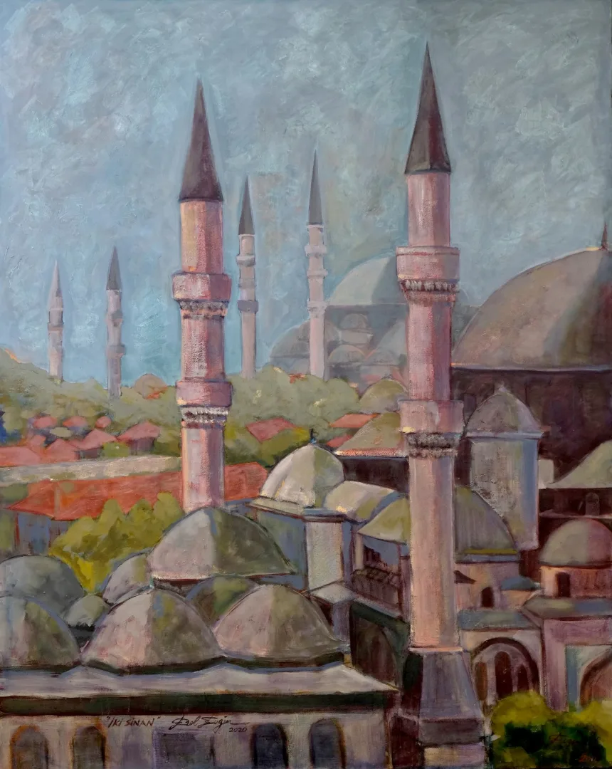 yakınlaştır "İki Sinan" eseri EROL EVGİN tarafından 2020 yılında 150x120 cm ölçülerinde Tuval üzeri yağlı boya tekniği ile yapılmıştır.