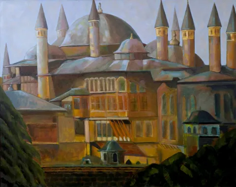 EROL EVGİN — “Topkapı Sarayı”, 2021 "Topkapı Sarayı" eseri EROL EVGİN tarafından 2021 yılında 120x150 cm ölçülerinde Tuval üzeri yağlı boya tekniği ile yapılmıştır.