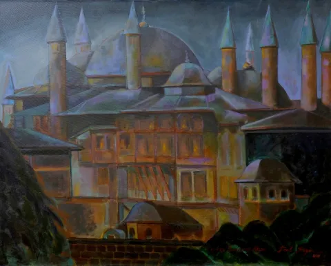EROL EVGİN — “Topkapı Sarayı'nda Akşam”, 2021 "Topkapı Sarayı'nda Akşam" eseri EROL EVGİN tarafından 2021 yılında 120x150 cm ölçülerinde Tuval üzeri yağlı boya tekniği ile yapılmıştır.