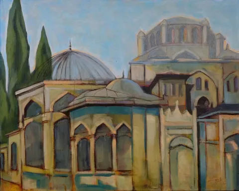 EROL EVGİN — “Yeni Valide Camii Türbesi”, 2023 "Yeni Valide Camii Türbesi" eseri EROL EVGİN tarafından 2023 yılında 80x100 cm ölçülerinde Tuval üzeri yağlı boya tekniği ile yapılmıştır.