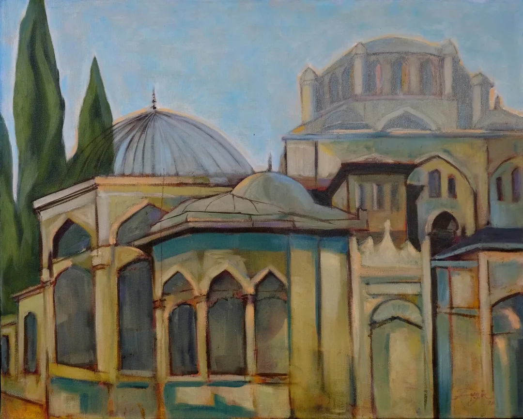yakınlaştır "Yeni Valide Camii Türbesi" eseri EROL EVGİN tarafından 2023 yılında 80x100 cm ölçülerinde Tuval üzeri yağlı boya tekniği ile yapılmıştır.