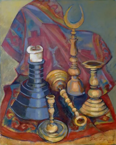 EROL EVGİN — “Şamdanlar”, 2003 "Şamdanlar" eseri EROL EVGİN tarafından 2003 yılında 100x80 cm ölçülerinde Tuval üzeri yağlı boya tekniği ile yapılmıştır.