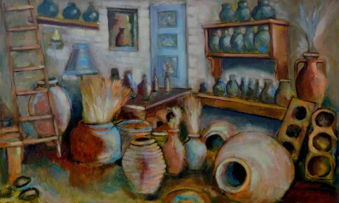 EROL EVGİN — “Alaçatı'da Küpler”, 2013 "Alaçatı'da Küpler" eseri EROL EVGİN tarafından 2013 yılında 120x75 cm ölçülerinde Tuval üzeri yağlı boya tekniği ile yapılmıştır.