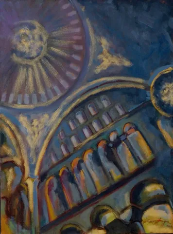 "Ayasofya İç Mekan 2" eseri EROL EVGİN tarafından 80x60 cm ölçülerinde Tuval üzeri yağlı boya tekniği ile yapılmıştır.