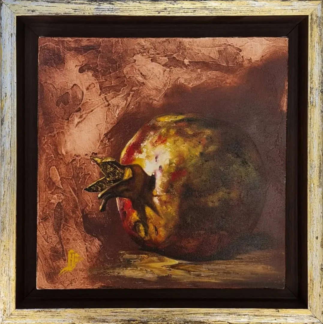 yakınlaştır "Narlı Natürmort" eseri HÜSEYİN FEYZULLAH tarafından 2017 yılında 25x25 cm ölçülerinde Tuval üzeri yağlı boya tekniği ile yapılmıştır.