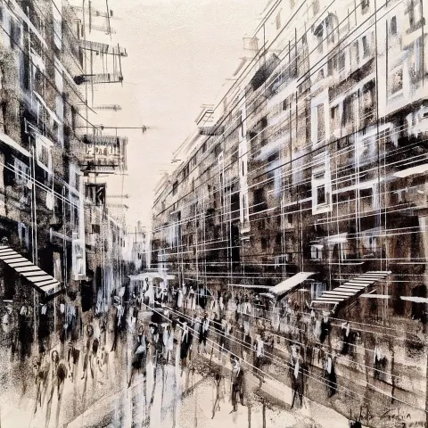 "Hotel" eseri AYHAN ÇETİN tarafından 2024 yılında 60x60 cm ölçülerinde Tuval üzeri akrilik boya tekniği ile yapılmıştır.