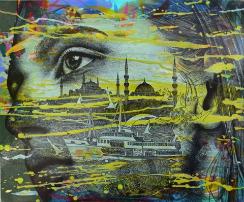 "Figür-Yorum" eseri ENGİN KORKMAZ tarafından 2024 yılında 50x60 cm ölçülerinde Tuval üzeri akrilik boya tekniği ile yapılmıştır.