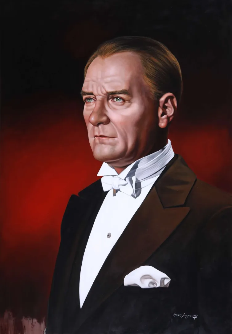 yakınlaştır "Atatürk" eseri HASAN SAYGIN tarafından 2024 yılında 115x80 cm ölçülerinde Tuval üzeri yağlı boya tekniği ile yapılmıştır.