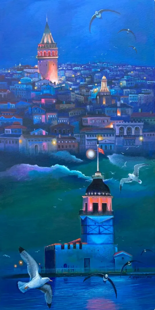 "Galata Kulesi ile Kız Kulesi" eseri KADİR ŞİŞGİNOĞLU tarafından 2024 yılında 130x65 cm ölçülerinde Tuval üzeri akrilik boya tekniği ile yapılmıştır.