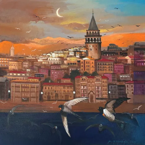 KADİR ŞİŞGİNOĞLU — “İstanbul ve Kuşları”, 2024 "İstanbul ve Kuşları" eseri KADİR ŞİŞGİNOĞLU tarafından 2024 yılında 40x40 cm ölçülerinde Tuval üzeri akrilik boya tekniği ile yapılmıştır.
