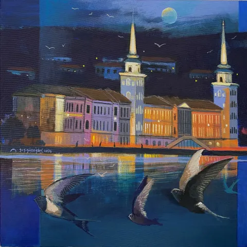 KADİR ŞİŞGİNOĞLU — “İstanbul ve Kuşları”, 2024 "İstanbul ve Kuşları" eseri KADİR ŞİŞGİNOĞLU tarafından 2024 yılında 40x40 cm ölçülerinde Tuval üzeri akrilik boya tekniği ile yapılmıştır.
