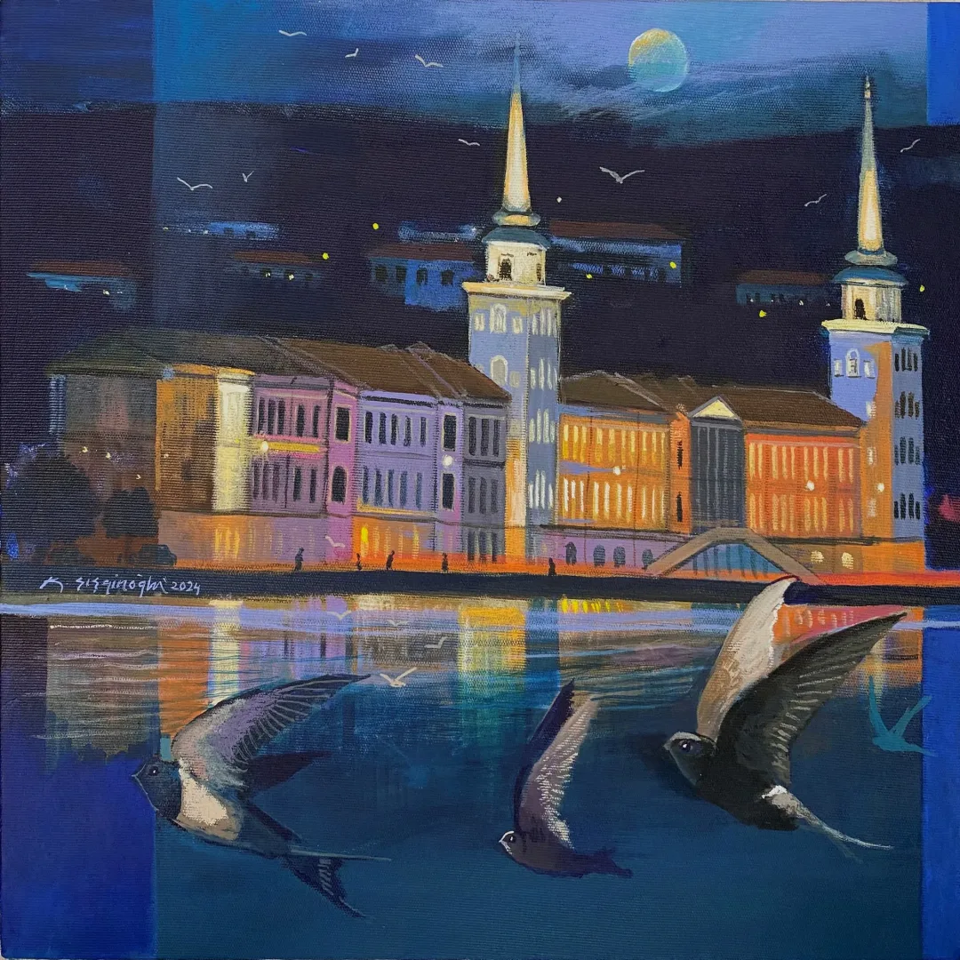 "İstanbul ve Kuşları" eseri KADİR ŞİŞGİNOĞLU tarafından 2024 yılında 40x40 cm ölçülerinde Tuval üzeri akrilik boya tekniği ile yapılmıştır.