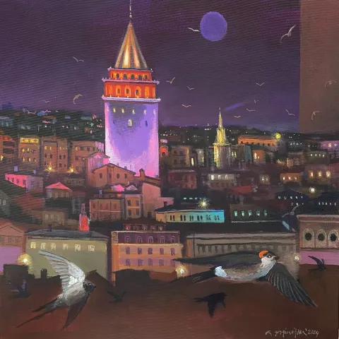 KADİR ŞİŞGİNOĞLU — “İstanbul ve Kuşları”, 2024 "İstanbul ve Kuşları" eseri KADİR ŞİŞGİNOĞLU tarafından 2024 yılında 40x40 cm ölçülerinde Tuval üzeri akrilik boya tekniği ile yapılmıştır.