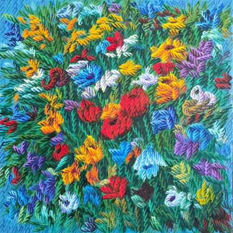 "Benim Çiçeklerim" eseri AHMET YEŞİL tarafından 2024 yılında 40x40 cm ölçülerinde Tuval üzeri yağlı boya tekniği ile yapılmıştır.