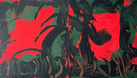 "Alacakaranlık (İkili resim)" eseri KİM YONG MOON tarafından 162x280 cm ölçülerinde Acrylic Action Painting tekniği ile yapılmıştır.