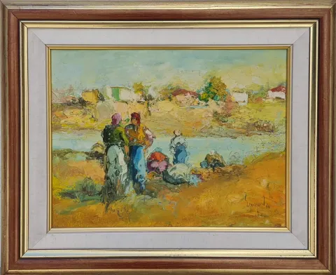"Derede Yıkananlar" eseri SAİM DURSUN tarafından 1994 yılında 26x34 cm ölçülerinde Duralit üzeri yağlı boya tekniği ile yapılmıştır.