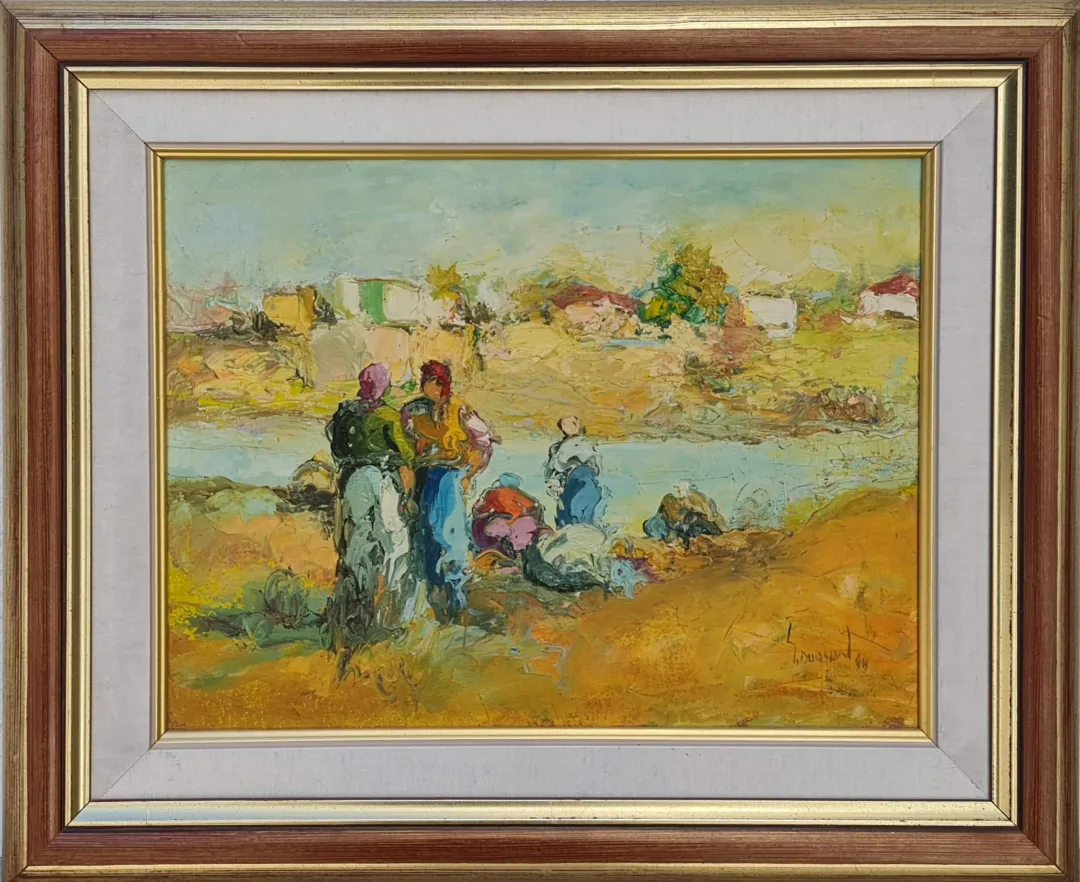 yakınlaştır "Derede Yıkananlar" eseri SAİM DURSUN tarafından 1994 yılında 26x34 cm ölçülerinde Duralit üzeri yağlı boya tekniği ile yapılmıştır.