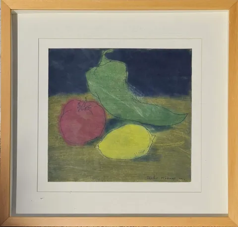 "Sebzeler" eseri TEMUR KÖRAN tarafından 2004 yılında 28x34 cm ölçülerinde Kağıt üzeri karışık teknik tekniği ile yapılmıştır.