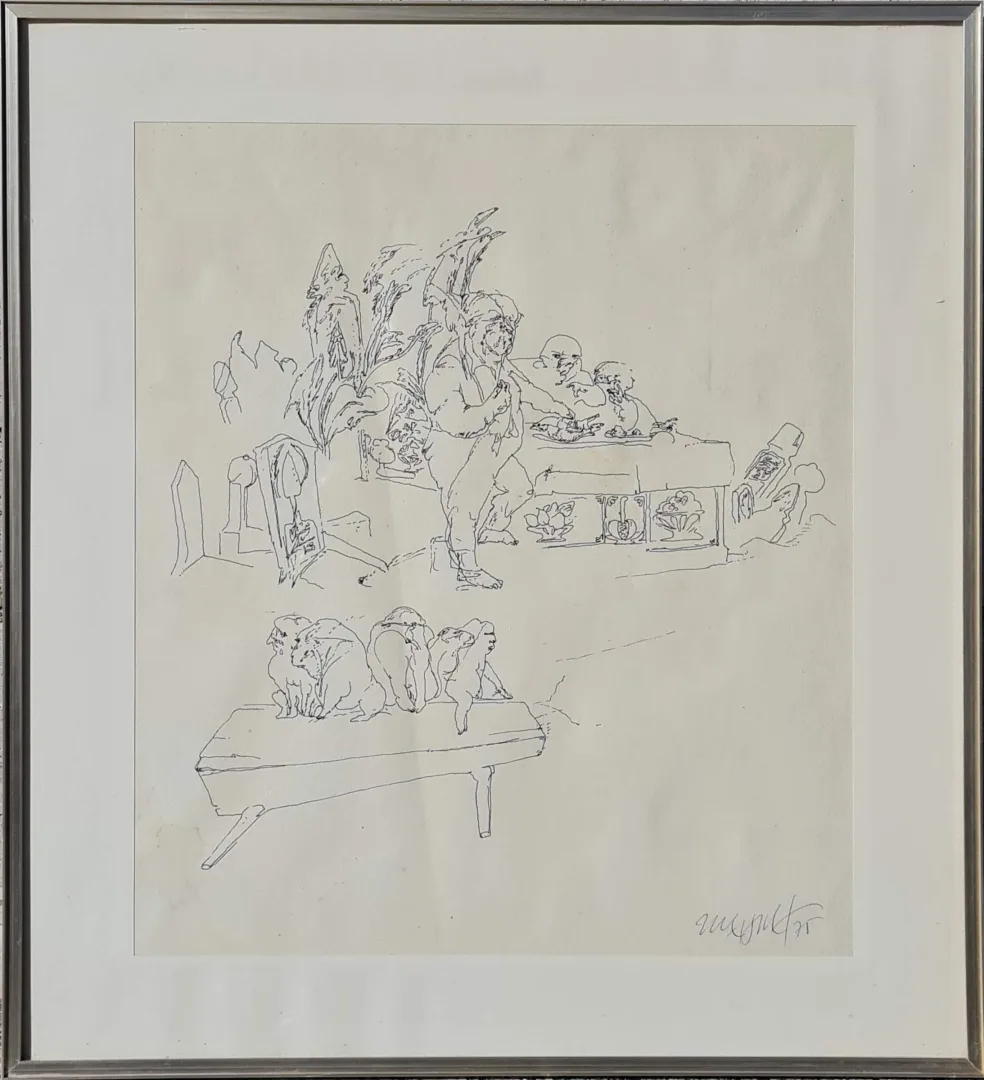 yakınlaştır "İsimsiz" eseri MEHMET GÜLERYÜZ tarafından 1975 yılında 35x30 cm ölçülerinde Desen tekniği ile yapılmıştır.