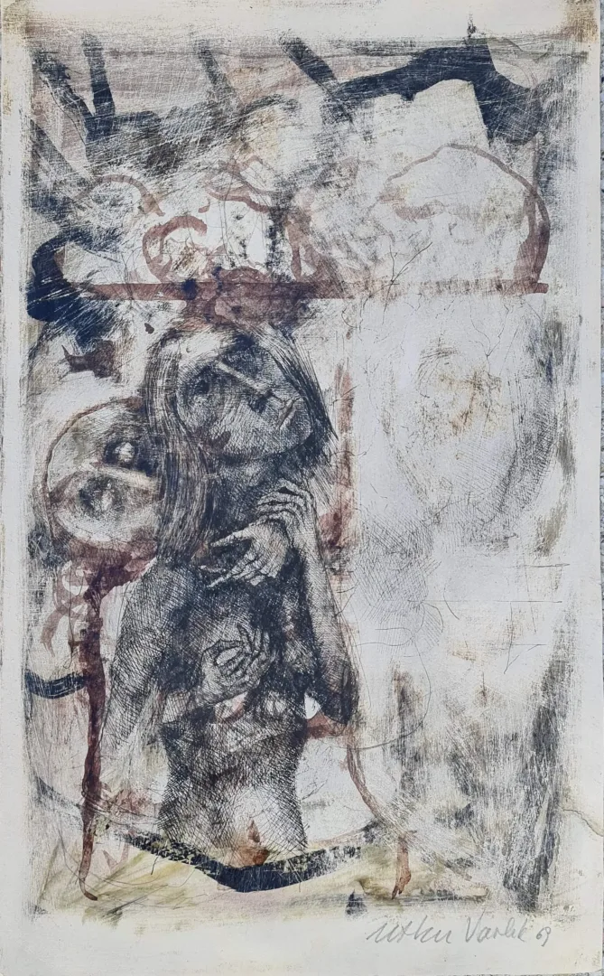 "İsimsiz" eseri UTKU VARLIK tarafından 1967 yılında 44x26 cm ölçülerinde Kağıt üzeri karışık teknik tekniği ile yapılmıştır.