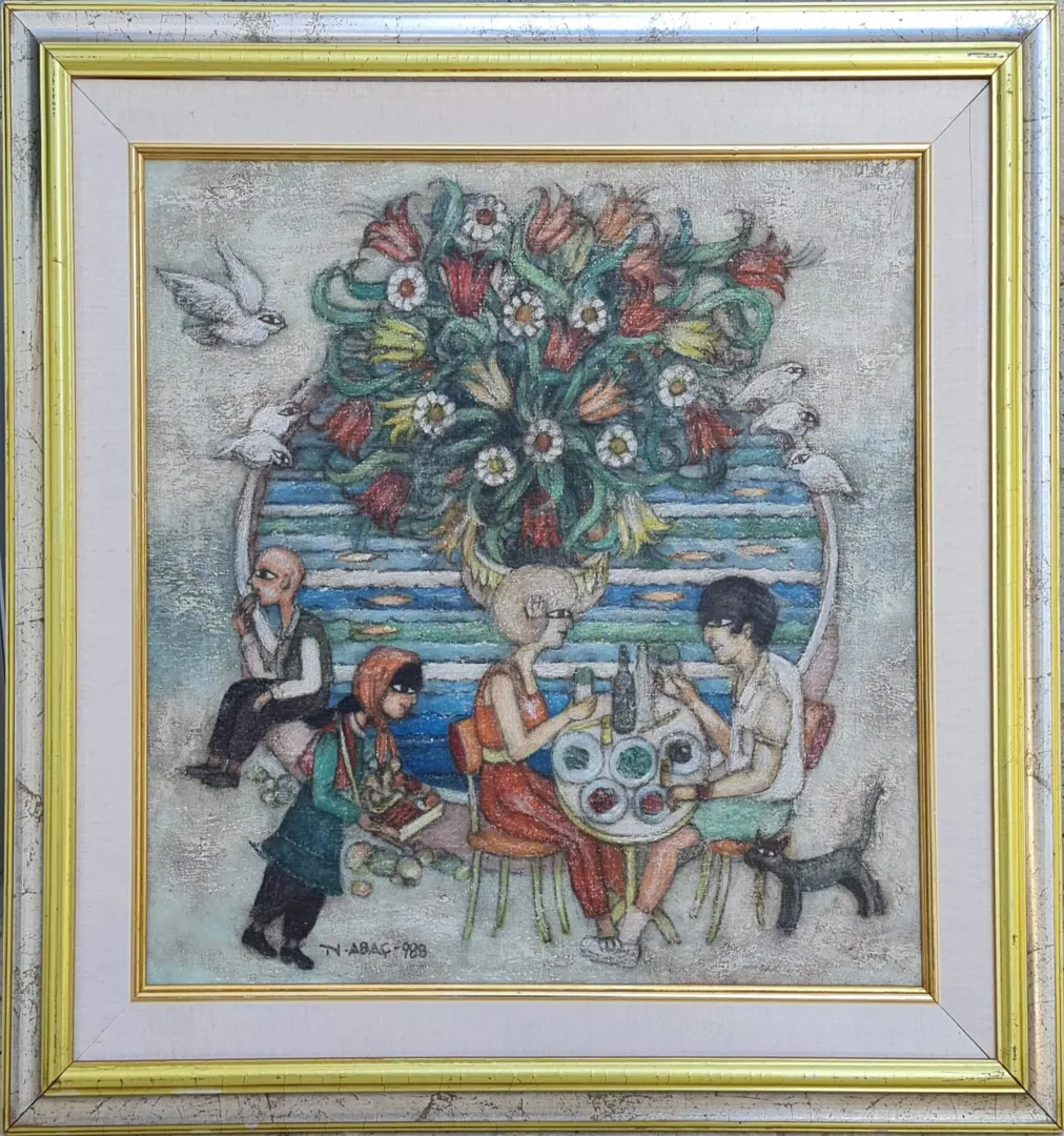 yakınlaştır "İsimsiz" eseri NURİ ABAÇ tarafından 1988 yılında 50x50 cm ölçülerinde Tuval üzeri yağlı boya tekniği ile yapılmıştır.