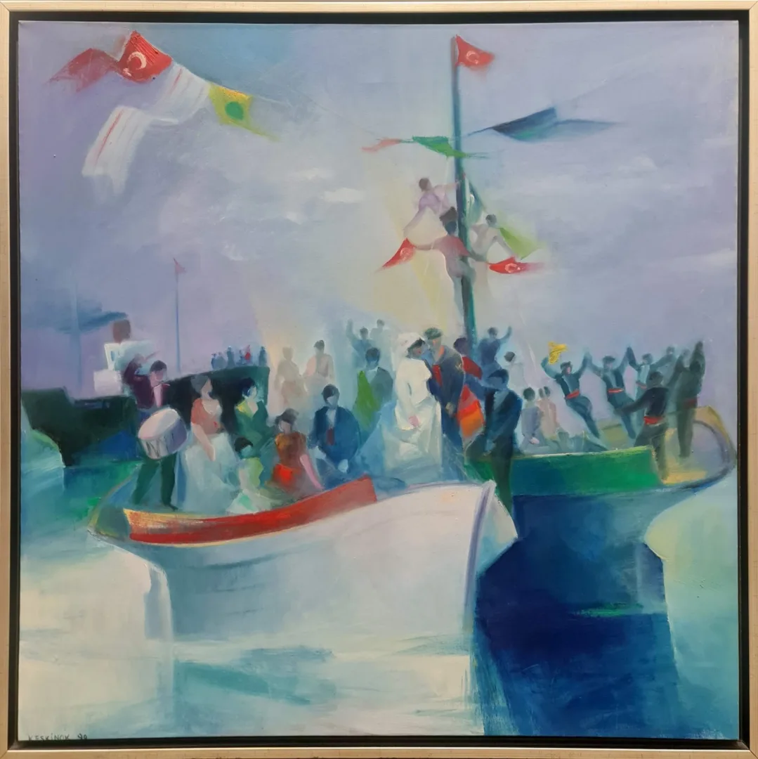 yakınlaştır "Karadeniz Düğünü" eseri KAYIHAN KESKİNOK tarafından 1998 yılında 86x90 cm ölçülerinde Tuval üzeri yağlı boya tekniği ile yapılmıştır.