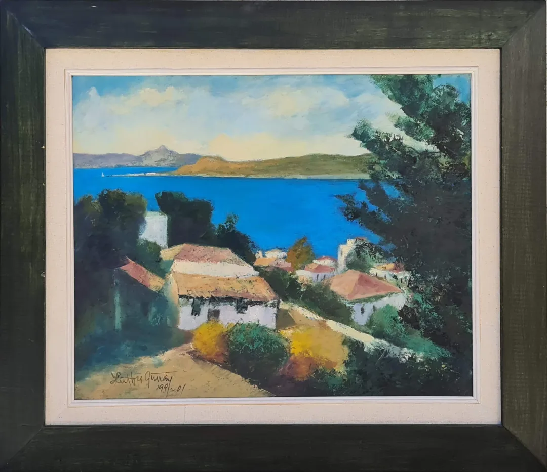 yakınlaştır "Peyzaj" eseri LÜTFÜ GÜNAY tarafından 1999 yılında 45x55 cm ölçülerinde Duralit üzeri yağlı boya tekniği ile yapılmıştır.