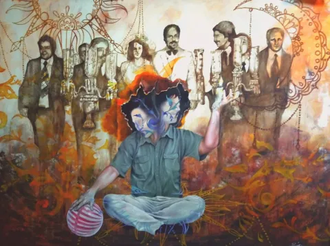 MAAHYAR CHARMACHİ — “Family album”, 2021 "Family album" eseri MAAHYAR CHARMACHİ tarafından 2021 yılında 140x190 cm ölçülerinde Tuval üzeri yağlı boya tekniği ile yapılmıştır.