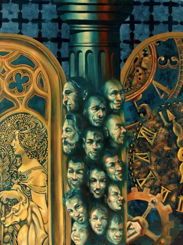 MAAHYAR CHARMACHİ — “Heads arc”, 2023 "Heads arc" eseri MAAHYAR CHARMACHİ tarafından 2023 yılında 160x120 cm ölçülerinde Tuval üzeri yağlı boya tekniği ile yapılmıştır.
