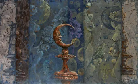 MAAHYAR CHARMACHİ — “Pandora”, 2022 "Pandora" eseri MAAHYAR CHARMACHİ tarafından 2022 yılında 120x140 cm ölçülerinde Tuval üzeri yağlı boya tekniği ile yapılmıştır.