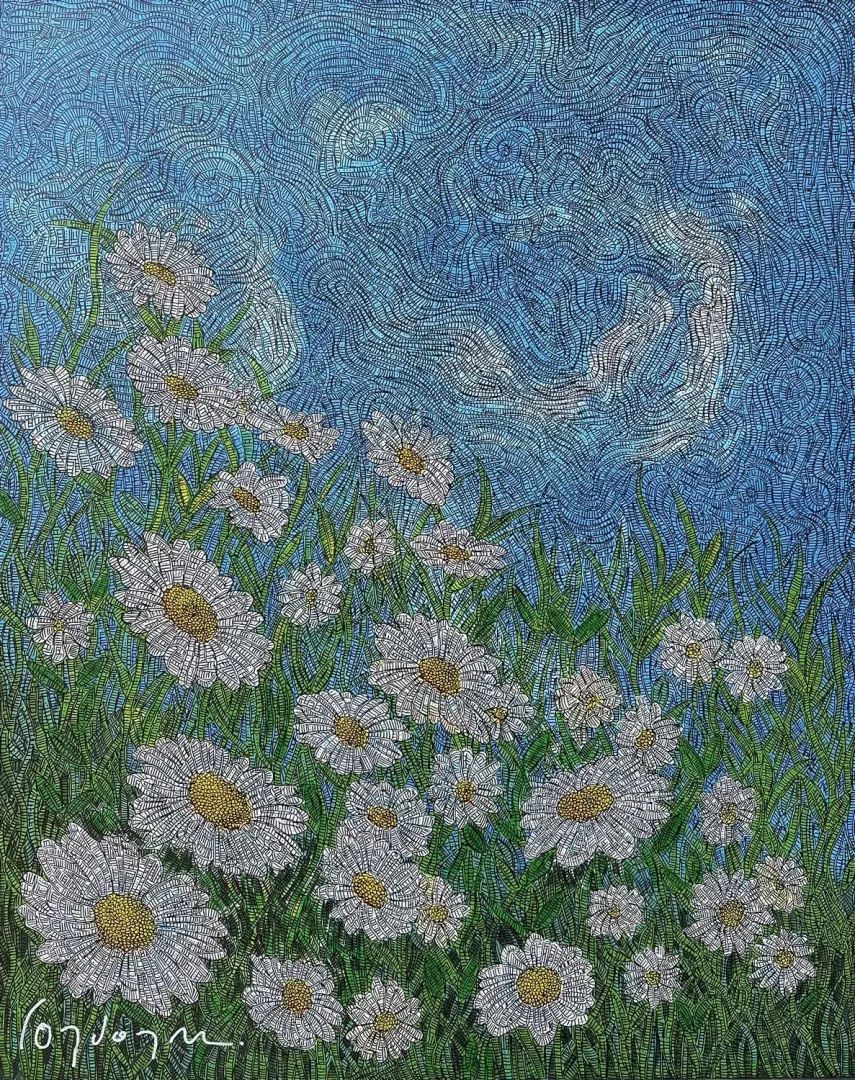 yakınlaştır "Her güne bir papatya 2" eseri MURAT ÖZDOĞRU tarafından 2024 yılında 100x80 cm ölçülerinde Tuval üzeri akrilik boya tekniği ile yapılmıştır.