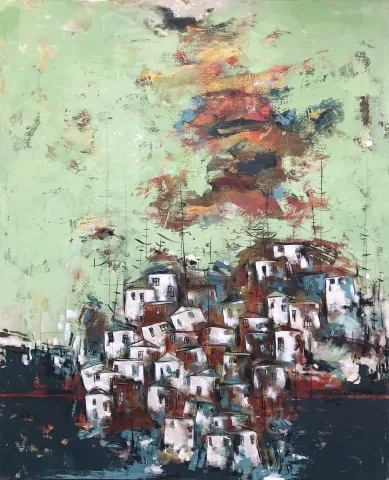 "Direniş" eseri NACİYE BOZDOĞAN AKBAŞ tarafından 2023 yılında 90x110 cm ölçülerinde Tuval üzeri akrilik boya tekniği ile yapılmıştır.
