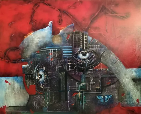 "İsimsiz" eseri OKAN BOYDAŞ tarafından 80x100 cm ölçülerinde Tuval üzeri akrilik boya tekniği ile yapılmıştır.