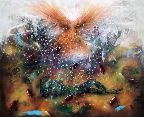 "İsimsiz" eseri OKAN BOYDAŞ tarafından 100x120 cm ölçülerinde Tuval üzeri akrilik boya tekniği ile yapılmıştır.