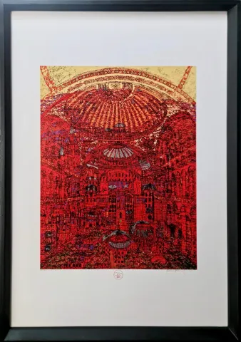 "Ayasofya'nın Gizemi" eseri DEVRİM ERBİL tarafından 100x70 cm ölçülerinde Serigrafi tekniği ile yapılmıştır.
