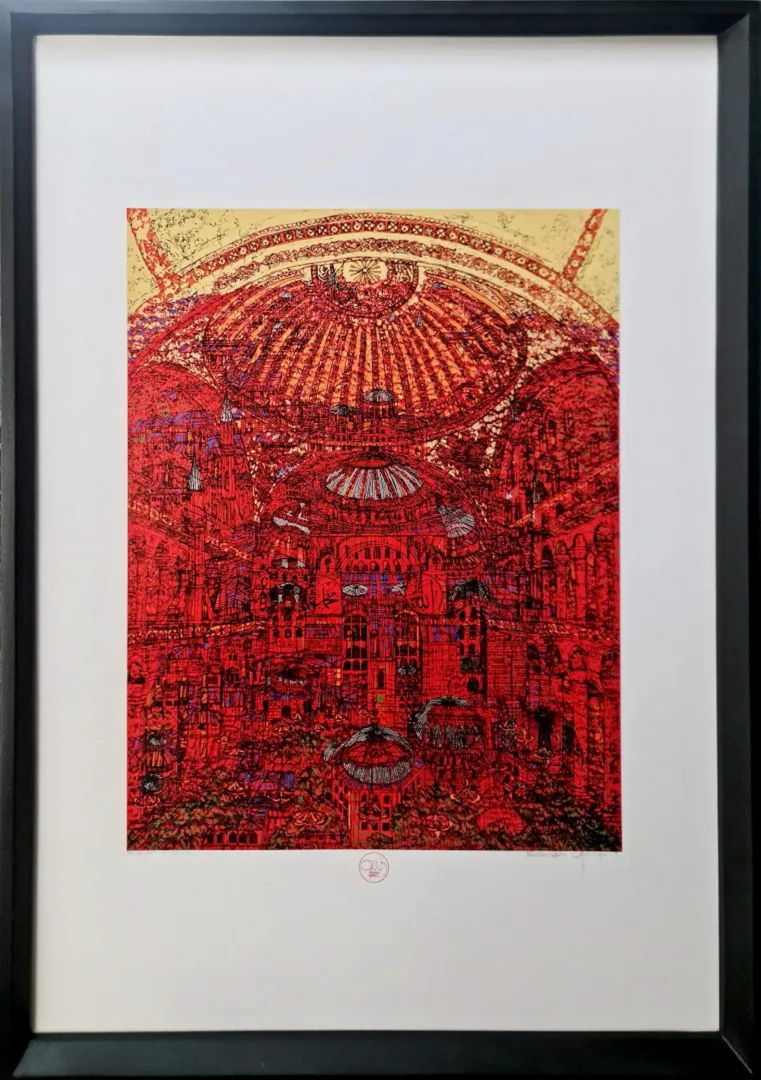 "Ayasofya'nın Gizemi" eseri DEVRİM ERBİL tarafından 100x70 cm ölçülerinde Serigrafi tekniği ile yapılmıştır.