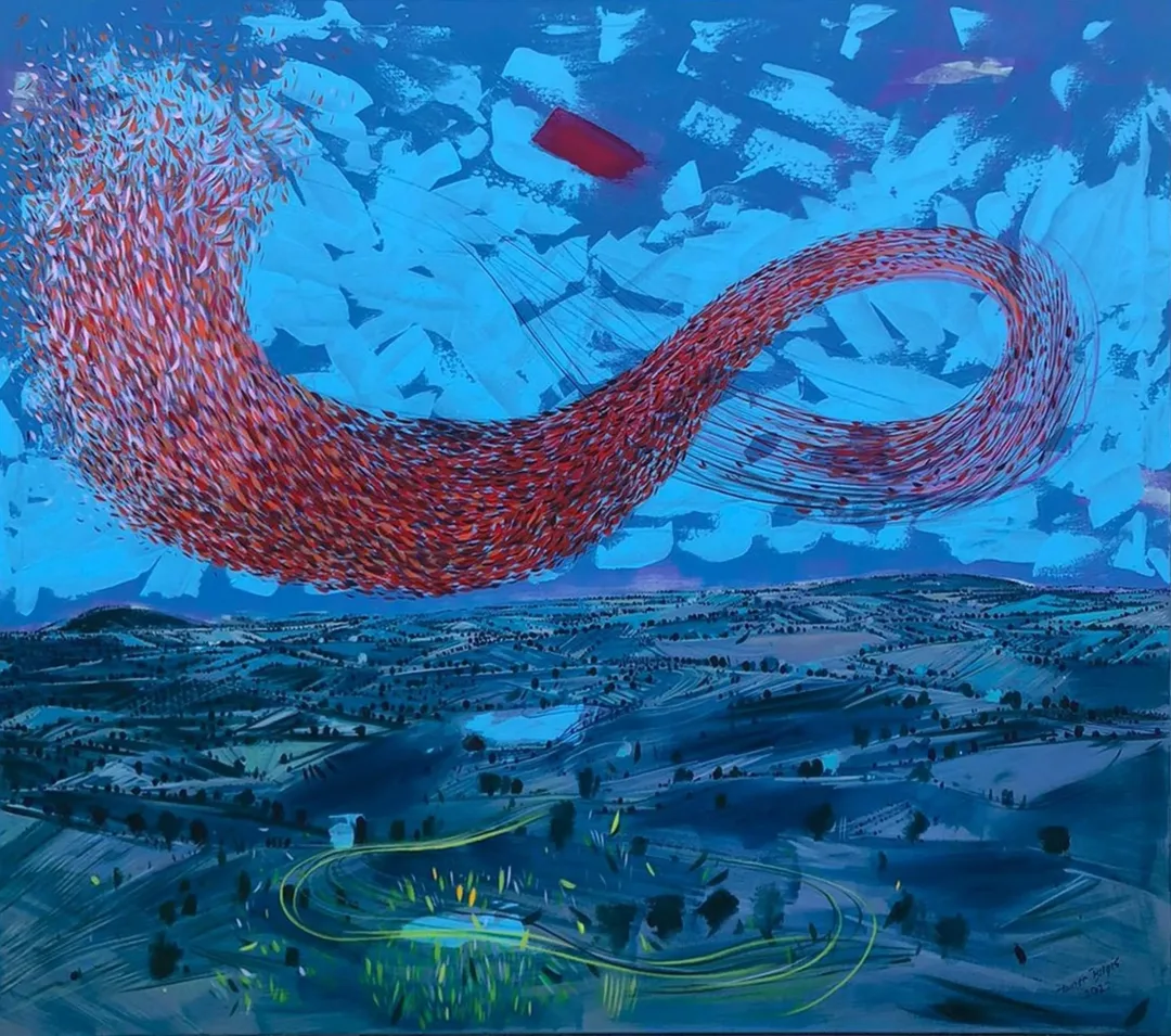 yakınlaştır "Kuşların Dansı" eseri TAMER BİLGİÇ tarafından 140x160 cm ölçülerinde Tuval üzeri akrilik boya tekniği ile yapılmıştır.