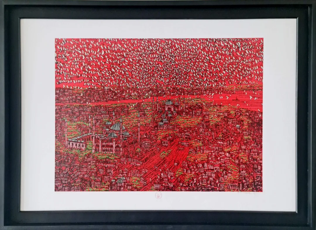 yakınlaştır "İstanbul Mavi Şiir (D)" eseri DEVRİM ERBİL tarafından 70x100 cm ölçülerinde Serigrafi tekniği ile yapılmıştır.