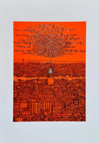 DEVRİM ERBİL — “İstanbul Galata ve Kuşlar (C)” "İstanbul Galata ve Kuşlar (C)" eseri DEVRİM ERBİL tarafından 100x70 cm ölçülerinde Serigrafi tekniği ile yapılmıştır.