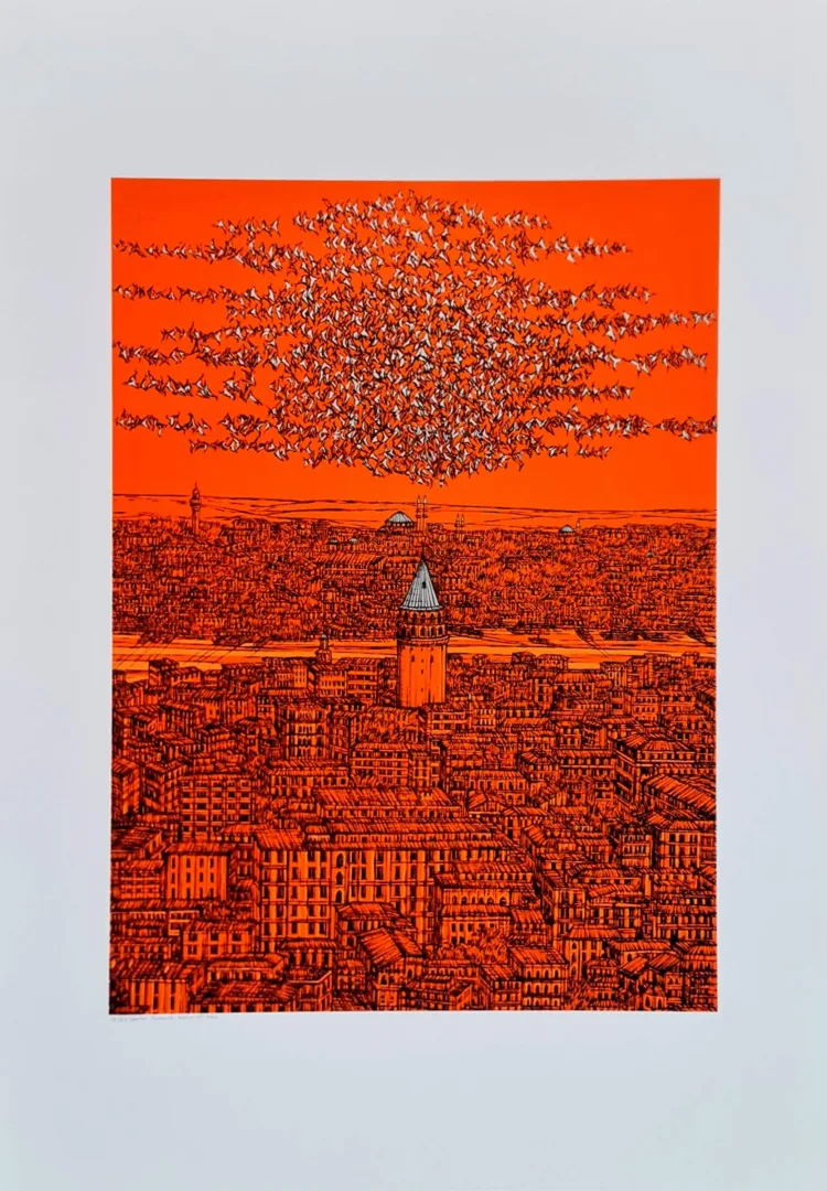 yakınlaştır "İstanbul Galata ve Kuşlar (C)" eseri DEVRİM ERBİL tarafından 100x70 cm ölçülerinde Serigrafi tekniği ile yapılmıştır.